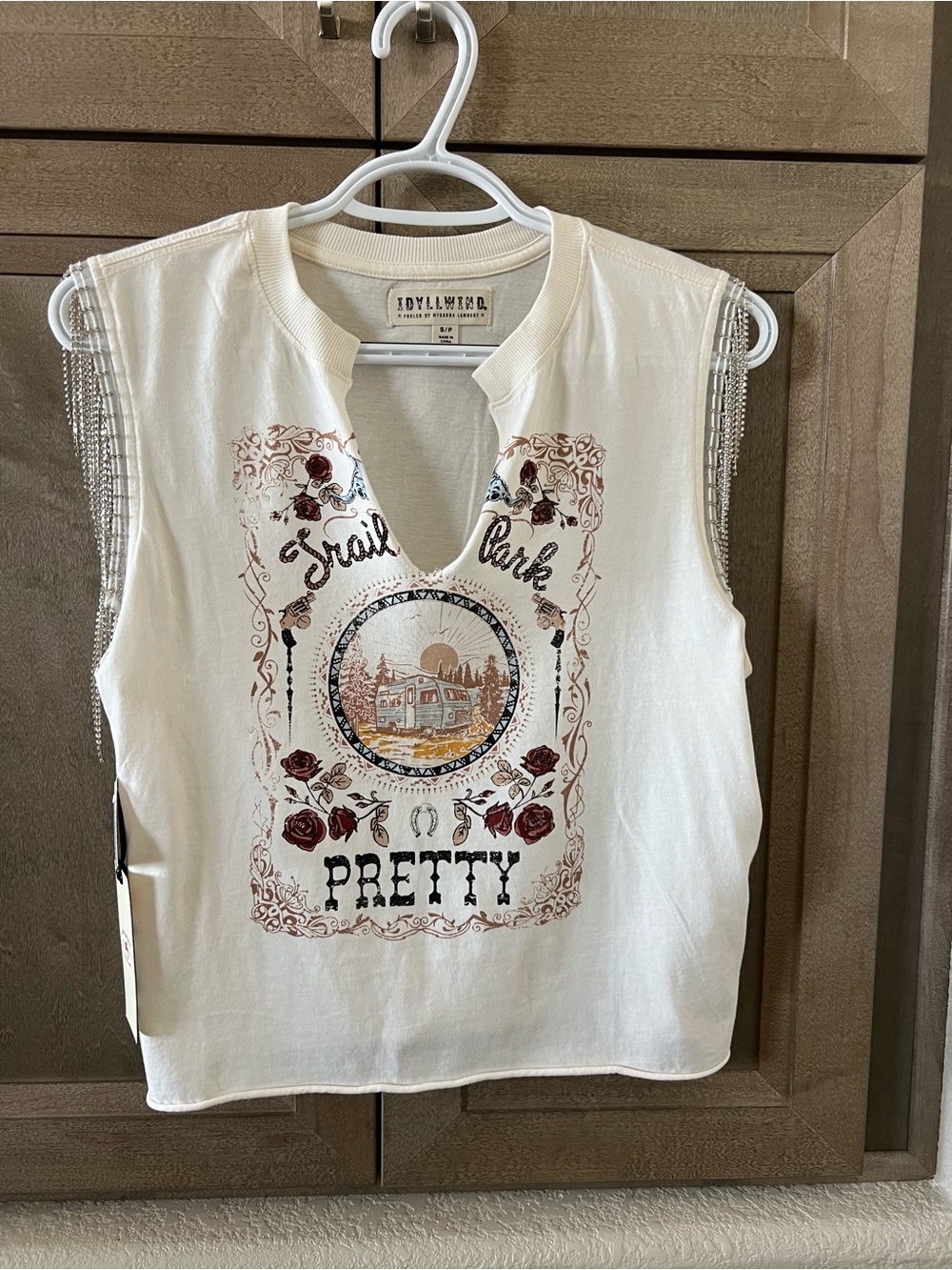 Idyllwind Cream Graphic Tank with Beaded Shoulder Fringe